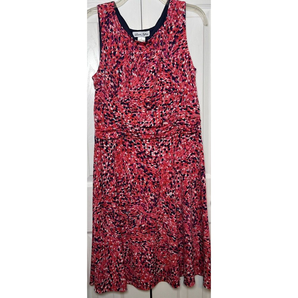 Laura Jeffries Sleeveless Ruched Waist Dress Size 12 Pink Red Abstract Dot Print